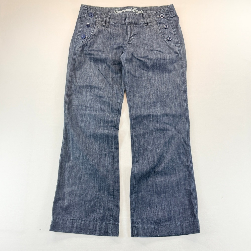 American Eagle Sailor Wide Leg Pants Size 4 Blue Cotton Button Y2K